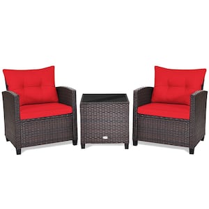 3-Pieces Rattan Outdoor Patio Conversation Set with Coffee Table, Red Cushion