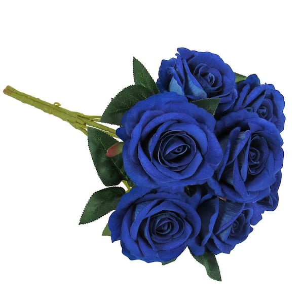 16 in. Royal Blue Artificial Velvet Rose Flower Stem Bush Bouquet (Set of 2)