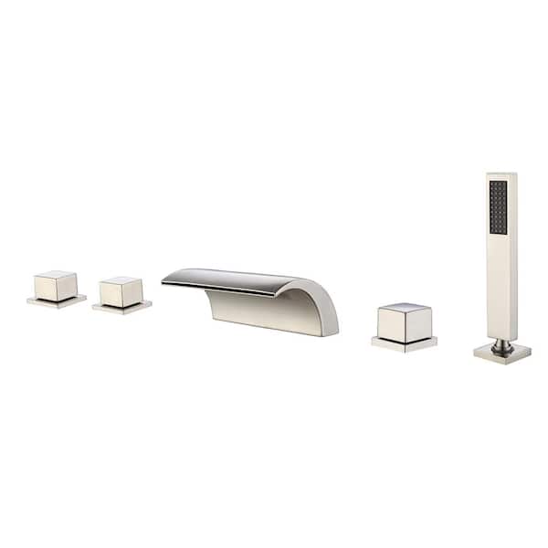 SUMERAIN Waterfall 3-Handle Tub Deck Mount Roman Tub Faucet with Hand Shower in. Brushed Nickel