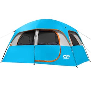 11 ft. x 7 ft. Blue 6-Person Canopy Family Beach Tent with Top Rainfly and 4 Large Mesh Windows Waterproof for Camping