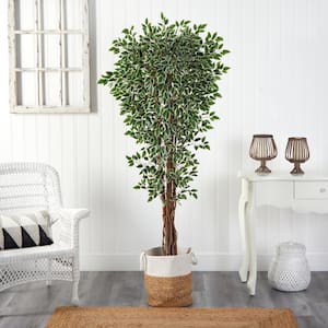 70 in. Green Variegated Ficus Artificial Tree in Handmade Natural Jute and Cotton Planter UV Resistant (Indoor/Outdoor)