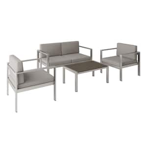 Modern Silver 4-Piece Aluminum Patio Conversation Set with Gray Cushions