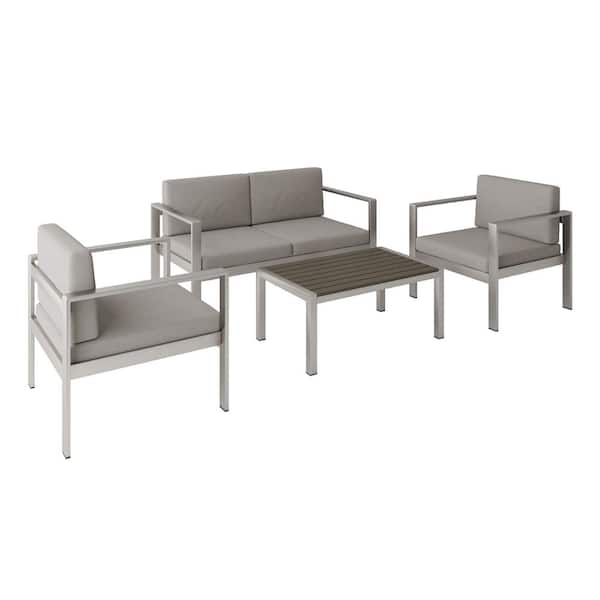 Boosicavelly Modern Silver 4-Piece Aluminum Patio Conversation Set with Gray Cushions
