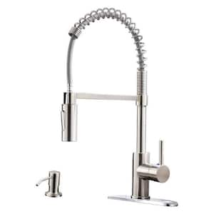 Single Handle Deck Mount Pull Down Sprayer Kitchen Faucet with Deck Plate and Soap Dispenser in Brushed Nickel