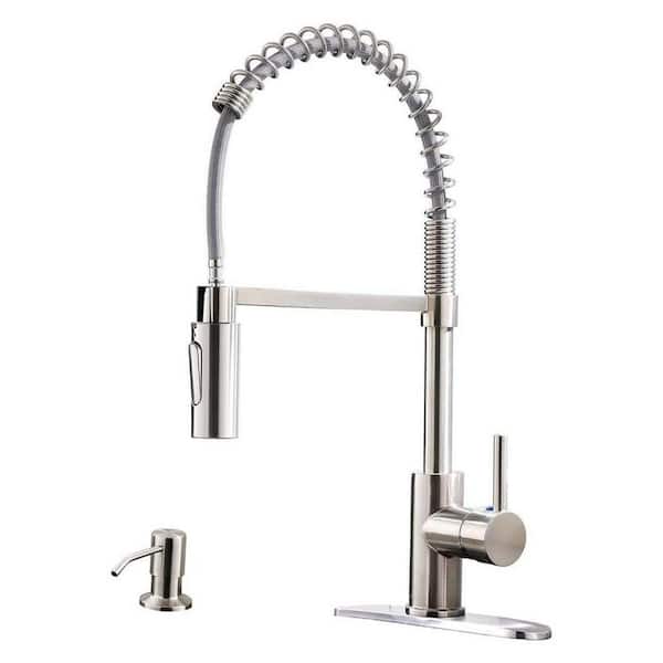 Tahanbath Single Handle Deck Mount Pull Down Sprayer Kitchen Faucet with Deck Plate and Soap Dispenser in Brushed Nickel