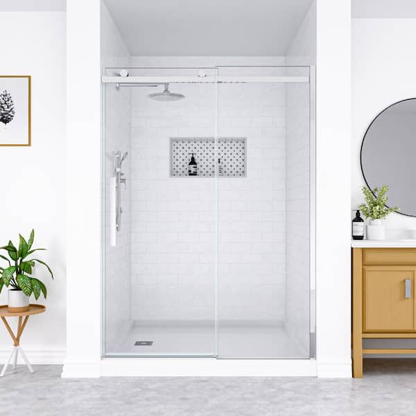 mortix 54 in. W x 74 in. H Single Sliding Frameless Shower Door in Chrome with Soft Close System and Clear Tempered Glass