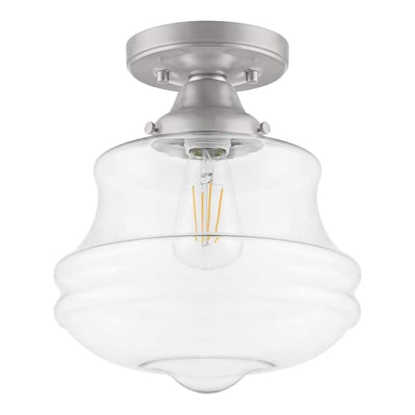 Home Decorators Collection Schoolhouse 10 in. 1-Light Brushed Nickel Semi Flush Mount with Clear Glass Shade