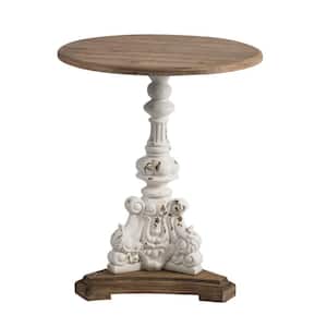 26 in. Brown and White Round Wood end table with Table, Expertly Carved Fir Wood, Brown