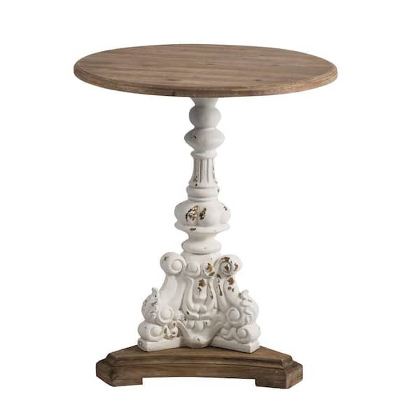 Benjara 26 in. Brown and White Round Wood end table with Table, Expertly Carved Fir Wood, Brown