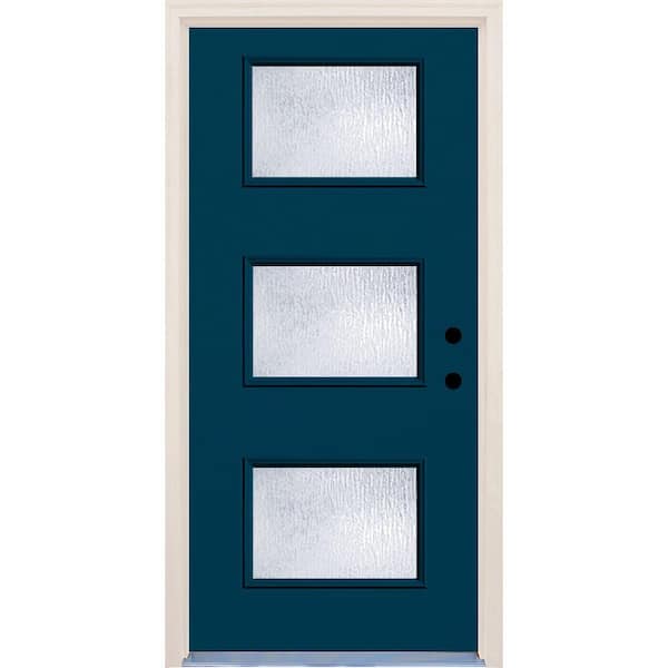 Builders Choice 36 in. x 80 in. Left-Hand Atlantis 3 Lite Rain Glass Painted Fiberglass Prehung Front Door with Brickmould