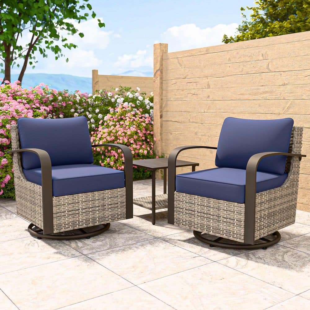 3-Piece Ergonomic Armrest Brown Wicker Patio Swivel Glider Rocking Chair Conversation Set with Blue Cushions, Side Table price history on PriceWatchPro