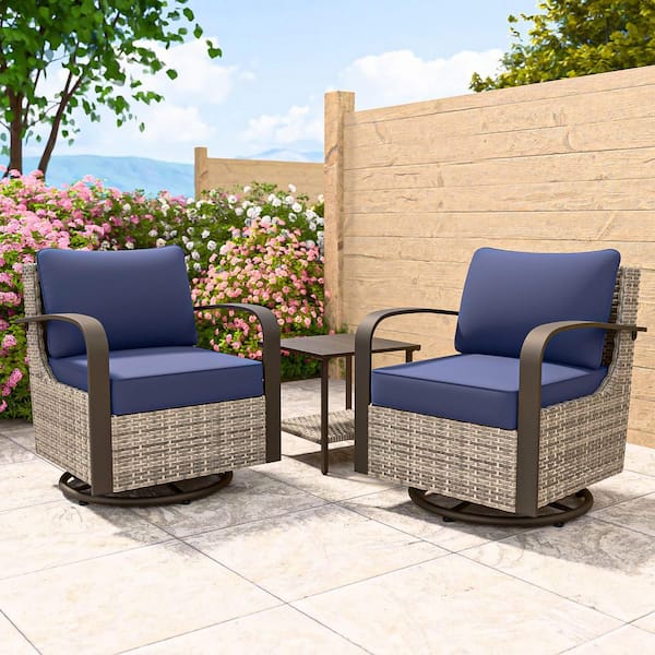 COOS BAY 3-Piece Ergonomic Armrest Brown Wicker Patio Swivel Glider Rocking Chair Conversation Set with Blue Cushions, Side Table