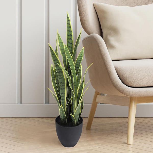 LIVING LUXURY 34 in. Green Yellow Artificial Sansevieria Snake Plant in Black Pot