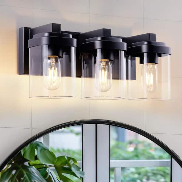 3 Light Black Bathroom Vanity Light, Bathroom Light Fixture with Clear Glass Shade, Vanity Light Fixtures Over Mirror