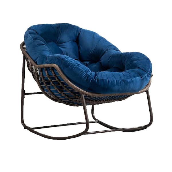 Unbranded Wicker Outdoor Rocking Chair, Rocker Recliner with Navy Blue Padded Cushion for Front Porch, Living Room, Patio, Garden