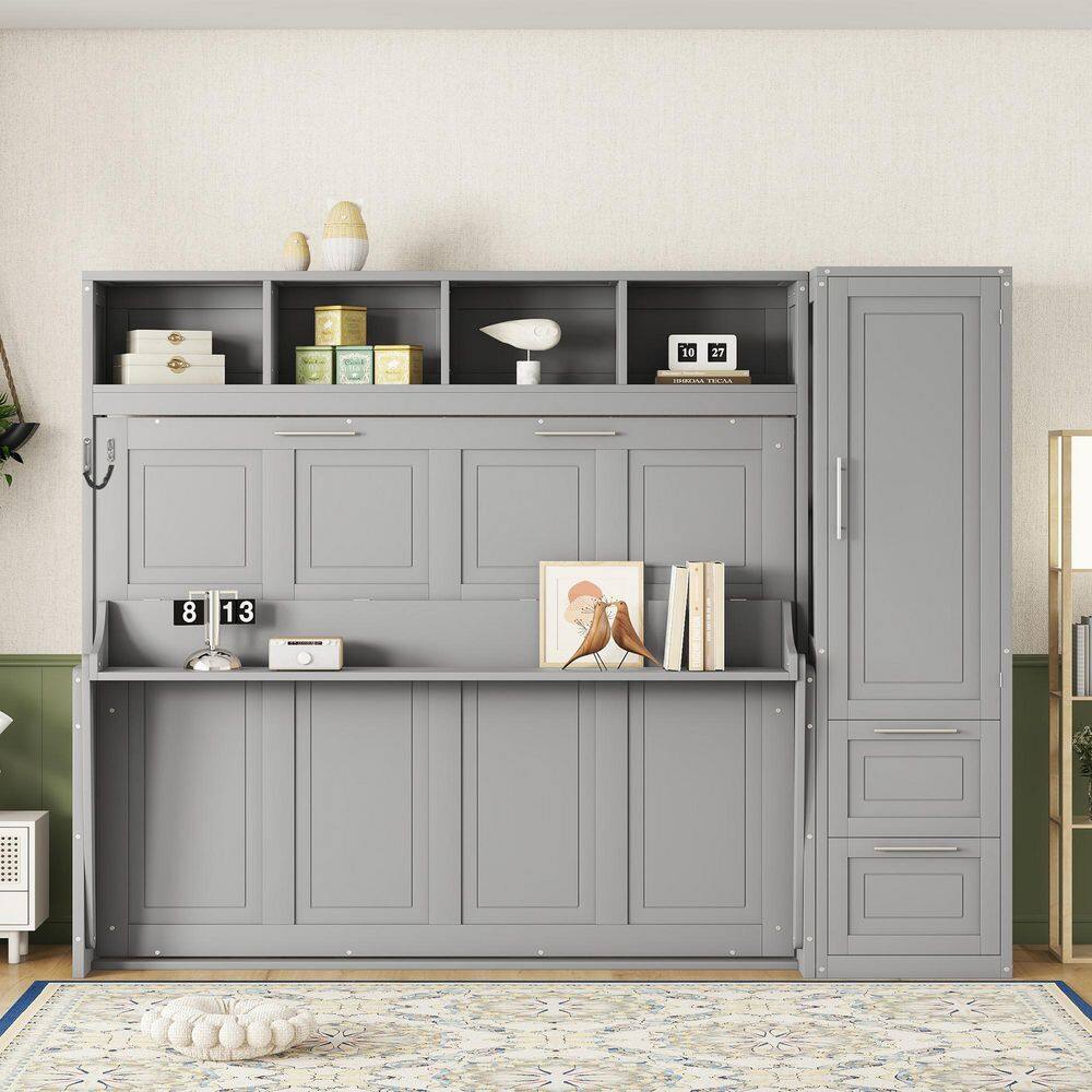 White Multifunctional Wood Frame Full Size Murphy Bed with Closet and Drawers - thumbnail 6
