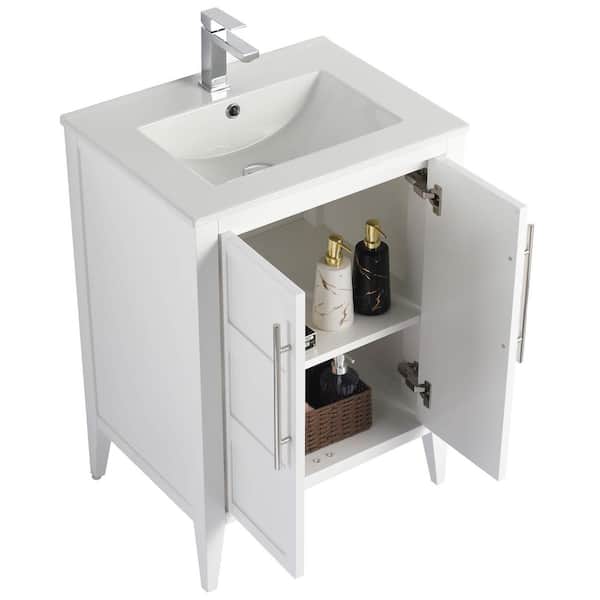 Leafside 24 in. Freestanding White Bath Vanity with White Ceramic Sink Top Assembled