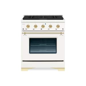 CLASSICO 30 in. 4.2 cu. ft. 4 Burner Freestanding Dual Fuel Range with Gas Stove, Electric Oven, White with Brass Trim