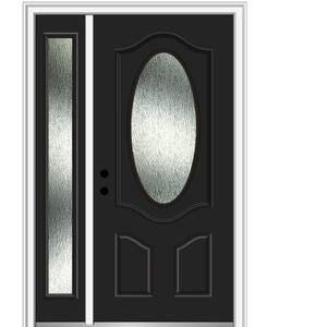 Rain Glass 50 in. x 80 in. Right-Hand Inswing Black Fiberglass Prehung Front Door on 6-9/16 in. Frame