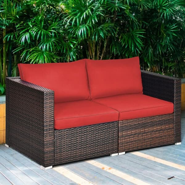 Kadehome 2-Piece Wicker Outdoor Loveseat with Red Cushions