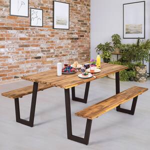 Table Shape Wood Outdoor Dining Table with 2 Benches 70 in.