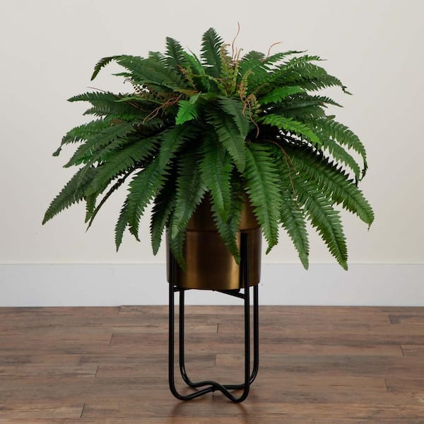 Nearly Natural 35 in. Artificial Green Boston Fern in Brass Metal Planter with Stand