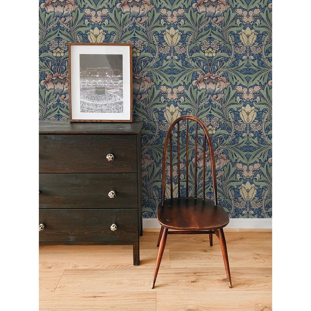 Denim Blue and Salmon Floral Peel and Stick Vinyl Wallpaper