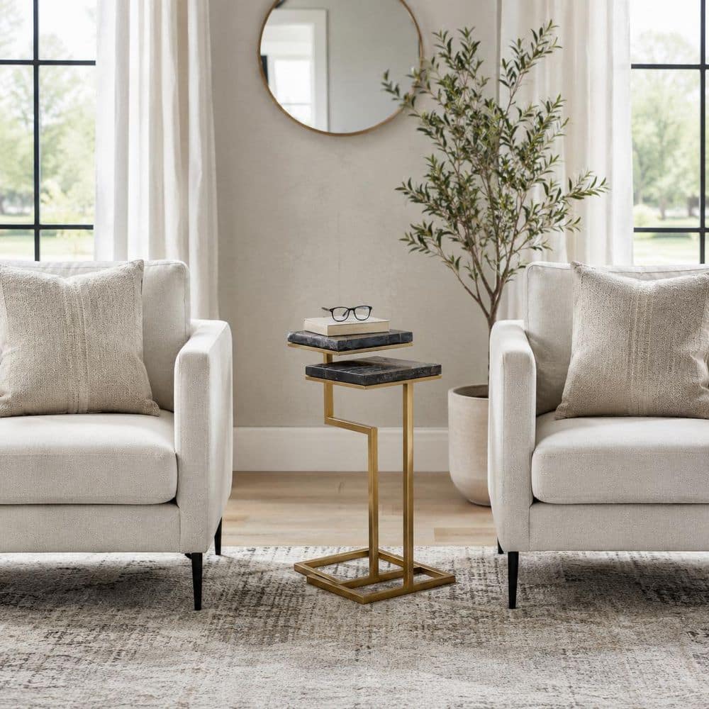 10 in. Black Square Marble Quartz Top End Tables (Set of 2)