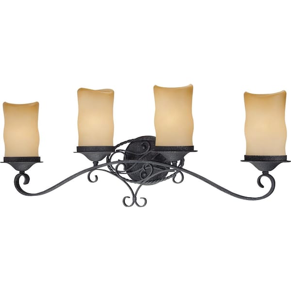 Volume Lighting Sevilla 4-Light Indoor Antique Wrought Iron Bath / Vanity Wall Mount w/ Candle-Shaped Sandstone Glass Shades