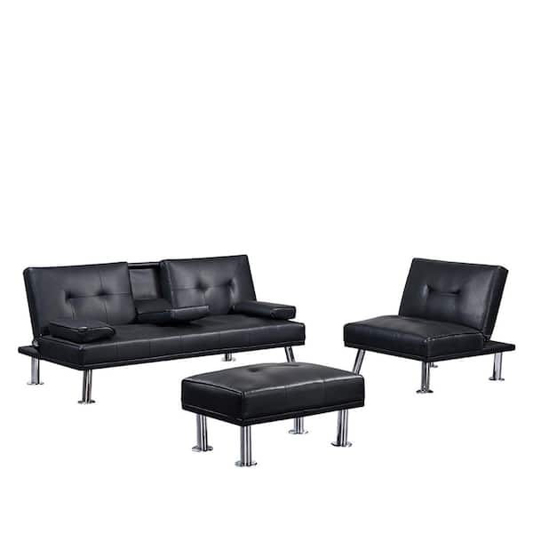 ZIRUWU 31.5 in Width Black Solid Faux Leather Twin Size Sofa Bed, Convertible Folding Sofa Bed with 2 Cup Holders