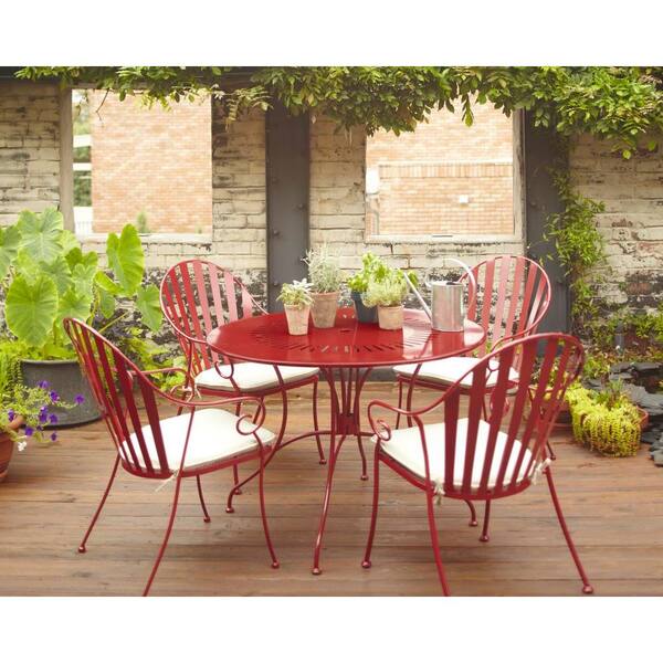 Hampton Bay Shelburne Red 5-Piece Metal Patio Dining Set with White Cushions-DISCONTINUED