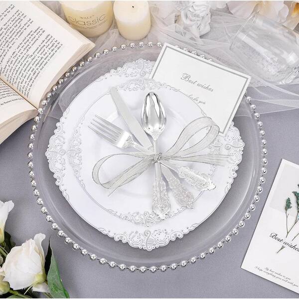 Anqtovp 150-Pieces Silver Plastic Disposable Plates with Silver