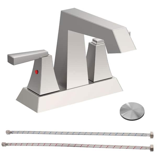 4 in. Centerset Double Handle Low Arc Bathroom Faucet with Drain Kit Included in Brushed Nickel