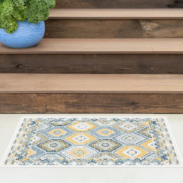 Flora Navy 2 ft. x 3 ft. Geometric Indoor/Outdoor Area Rug