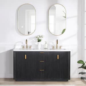 Cádiz 60 in. W x 22 in. D x 34 in. H Double Bathroom Vanity in Fir Wood Black with White Composite top and Mirror