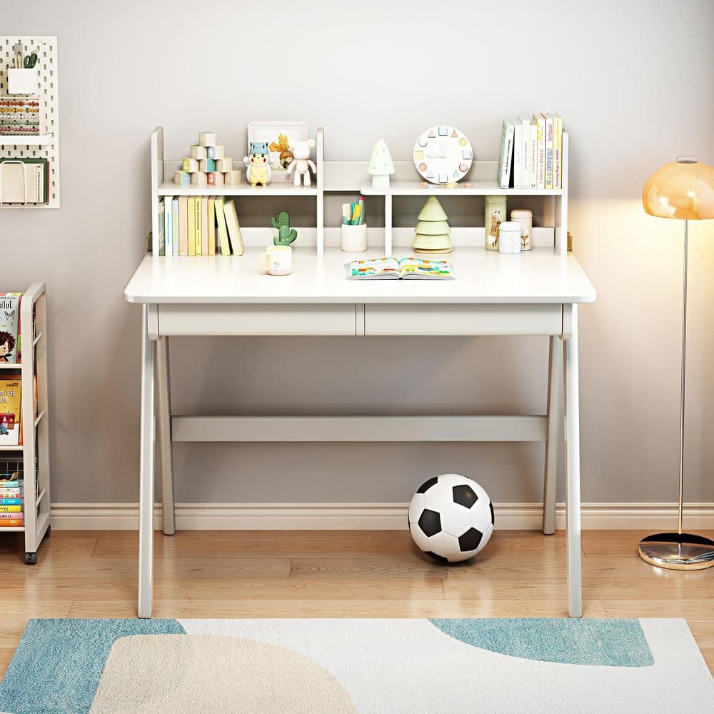 1-Piece White Kids Study Desk Rubber Wood with Bookshelf and 2-Drawers, Study/Writing Table for Bedroom Home Office