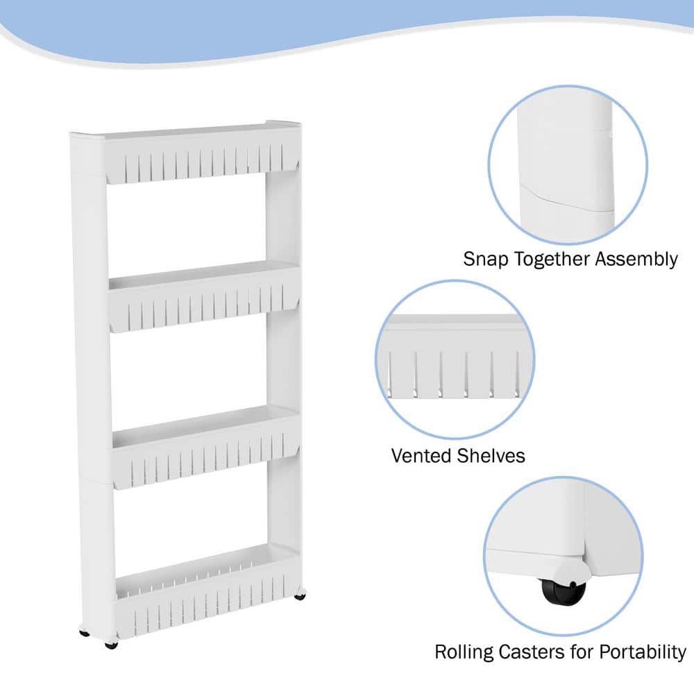 White 4-Tier Slim Rolling Storage Cart with PVC Wheels
