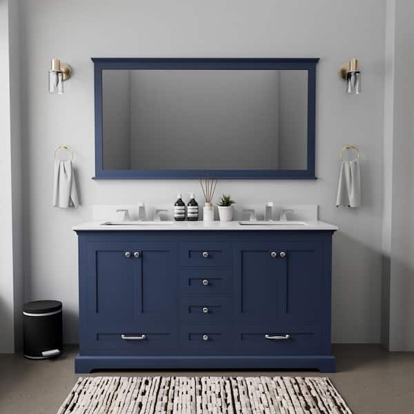 Dukes 60 in. W x 22 in. D Navy Blue Double Bath Vanity, White Quartz Top, and 58 in. Mirror