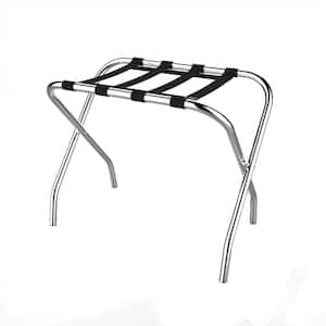 Folding Luggage Rack with Chrome Stand and Nylon Straps Holds Suitcases or Bags and Folds Flat for Storage