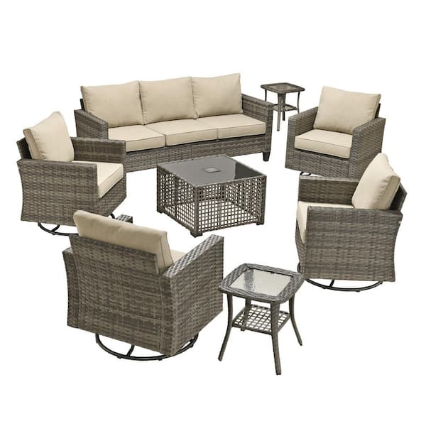 Scarlet 8-Piece Wicker Outdoor Patio Conversation Sofa Set with a Solar-Light Table, Swivel Chairs and Beige Cushions