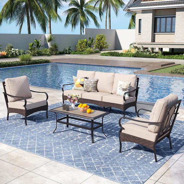 Brown Rattan 4-Piece 5 Seat Steel Outdoor Patio Conversation Set with Beige Cushions and Wood-Grain Table