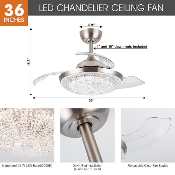 Crystal Ceiling Fan store with Light,36 Inch LED 3 Color Remote Control Retractable In