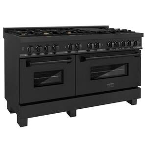 60" 7.4 cu. ft. Double Oven Dual Fuel Range with Gas Stove and Electric Oven in Black Stainless Steel with Brass Burners