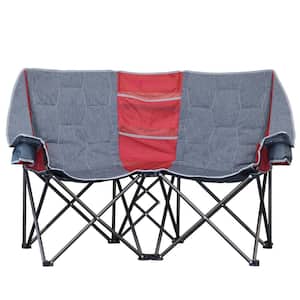 Gray 2-Seater Metal Outdoor Beach Chair Camping Lounge Chair with Mesh Net Storage Bag and Cup Holder