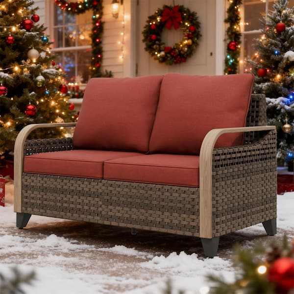 Brown Wicker Outdoor Patio Loveseat with Red Cushions