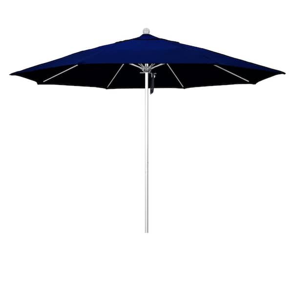 11 ft. Silver Anodized Aluminum Market Patio Umbrella with Fiberglass Ribs Pulley Lift in True Blue Sunbrella