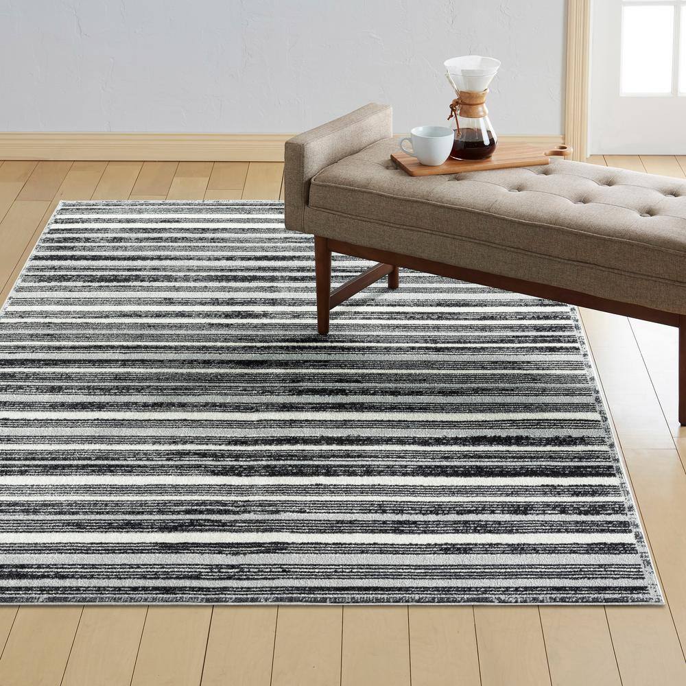 Everwash Light Grey/Charcoal Grey Striped Washable Area Rug, 6'6" x 9'2"