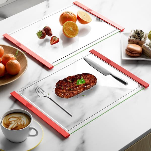 16 in. x 12 in. Red Rectangular Tempered Glass Cutting Board with Non-Slip Feet and Juice Groove for Kitchen