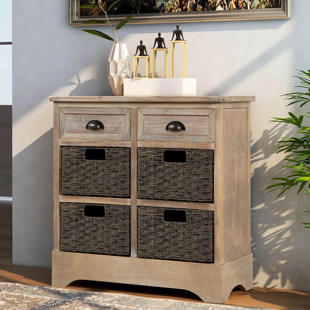 White Washed Rustic Pine Accent Cabinet with Wicker Baskets