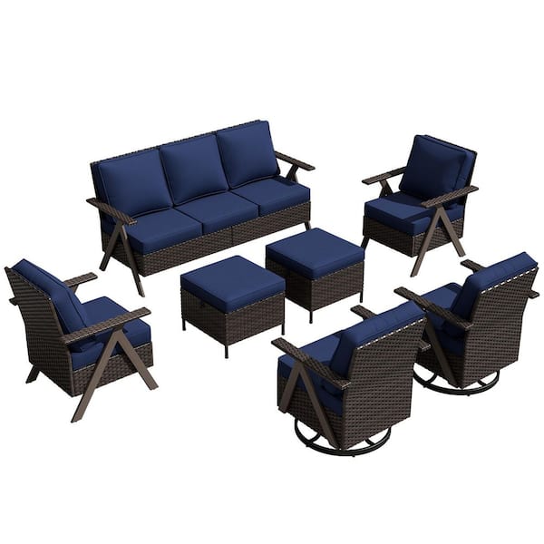 7-Piece Brown Rattan Outdoor Wicker Patio Conversation Set with Blue Cushions